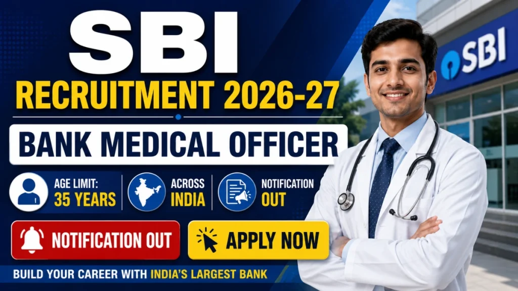 SBI SCO BMO Recruitment 2026 Notification Out - Apply Online for 35 Bank Medical Officer Posts SBI SCO BMO Recruitment 2026 notification released for 35 vacancies. MBBS eligible. Apply online from 24 June 2026 to 14 July 2026 through sbi.bank.in. Updated June 24, 2026 02:03 PMRecruitment Board News by J Nandhini SBI SCO BMO Recruitment 2026 Notification Out - Apply Online for 35 Bank Medical Officer Posts FOLLOW US WhatsApp Telegram Instagram YouTube As Preferred Source State Bank of India has released Advertisement No. CRPD/SCO/2026-27/03 inviting online applications for 35 Bank Medical Officer (BMO-II) vacancies under the Specialist Cadre Officer category. Online registration runs from 24 June 2026 to 14 July 2026. Eligible candidates need an MBBS degree with 5 years' GP experience (or 3 years with a PG degree), and the application fee is ₹750 for General/EWS/OBC candidates, with no fee for SC/ST/PwBD candidates. SBI BMO Notification PDF Download Advertisement Discover more Mobile App Subscription Govt Job Alerts Employment News Service The complete SBI Bank Medical Officer Recruitment 2026 notification, covering eligibility, vacancy details, fee structure, and the indicative syllabus, is published as a downloadable PDF on SBI's official careers portal. Candidates should download and read this official PDF (Advertisement No. CRPD/SCO/2026-27/03) in full before applying, since the Bank does not entertain corrections after the final form submission and bases all eligibility decisions strictly on this document. Download SBI BMO Recruitment 2026 Notification PDF SBI BMO Recruitment 2026 - Apply Here Quick Summary Box: SBI BMO Recruitment 2026 Particular Details Organization State Bank of India (SBI) Post Name Bank Medical Officer (BMO-II) Advertisement No. CRPD/SCO/2026-27/03 Total Vacancies 35 Application Mode Online Registration Start Date 24 June 2026 Last Date to Apply 14 July 2026 Official Website sbi.bank.in/ Also read: Check All Latest Bank Jobs 2026 – Click HereRecruitment Board News 🔔 Never Miss a Govt Job Again! ⚡ Get Custom Govt Job Alerts by Your Qualification (10TH | 12TH | Diploma | ITI | Graduate, Etc) Join Now Important Dates for SBI BMO Recruitment 2026 Candidates planning to apply should keep the following dates in mind, as no separate notice will be issued for individual reminders. The Bank has confirmed that online registration and fee payment will be open from 24.06.2026 to 14.07.2026, and the eligibility cut-off date for age and qualifications is fixed at 31.05.2026. Event Date Notification Release Date 24 June 2026 Online Application Start Date 24 June 2026 Last Date to Apply Online 14 July 2026 Cut-off Date for Eligibility 31 May 2026 Tentative Online Written Test August 2026 SBI Bank Medical Officer Vacancy 2026: Circle-Wise Breakdown Discover more Whatsapp Job Updates AI Interview Prep Government Job Guide Out of the 35 total posts, the largest number of vacancies are in Lucknow and Maharashtra (6 each), while Bengaluru, Bhopal, Chandigarh, Gandhinagar, Hyderabad, and Mumbai Metro have 1 vacancy each. The vacancy distribution below reflects category-wise reservation as released by SBI, and candidates can apply for only one Circle/Office.Railway Job Alerts Circle OBC UR Total PwBD (Horizontal) Bengaluru - 1 1 1 Bhopal - 1 1 1 Bhubaneswar 1 3 4 1 Chandigarh - 1 1 1 Chennai - 2 2 1 Gandhinagar - 1 1 1 Guwahati - 2 2 1 Hyderabad - 1 1 1 Jaipur 1 3 4 1 Lucknow 1 5 6 1 Maharashtra 1 5 6 1 Mumbai Metro - 1 1 1 Patna - 3 3 1 Thiruvananthapuram - 2 2 1 TOTAL 4 31 35 14 Note: There are no SC, ST, or EWS vacancies notified for this recruitment cycle, and PwBD reservation (14 posts) is horizontal, meaning it is already included within the parent category totals shown above.Recruitment Board News DON'T MISS SSC CGL 12256 Group B & Group C Online Form 2026 Reopened 12,256 Posts • Group B & Group C • SSC 25 Jun 2026 12,256 posts RRB 6565 Technician Online Form 2026 (Short Notice) 6,565 Vacancies • Technician 29 Jul 2026 6,565 posts OSSSC 5989 Nursing Officer Online Form 2026 5,989 Openings • OSSSC 13 Jul 2026 5,989 posts GSRTC 4599 Driver Online Form 2026 4,599 Posts • GSRTC 05 Jul 2026 4,599 posts Central Bank of India 4,500 Apprentice Recruitment 2026 4,500 Vacancies • Apprentice • Central Bank of India 28 Jun 2026 4,500 posts GSRTC 4318 Conductor Online Form 2026 4,318 Openings • Conductor 05 Jul 2026 4,318 posts SBI BMO Eligibility Criteria 2026: Qualification, Age & Experience Discover more Bank Job Listings Previous Exam Papers education Candidates often ask what qualification is required for the SBI Medical Officer post - the answer is an MBBS degree from an NMC/State Medical Council-approved institution, with a postgraduate diploma or MD/MS degree preferred. Age and experience are both reckoned as on the cut-off date of 31 May 2026. Educational Qualification: Mandatory: MBBS from a recognized university/college approved by the National Medical Commission (NMC) or State Medical Council. Preferred: Post Graduate Diploma OR Post Graduate Degree (MD/MS or equivalent). Work Experience (post-basic qualification, as on 31.05.2026): Candidates with only an MBBS degree need a minimum of 5 years' experience as a General Practitioner, counted from the date of NMC/State Medical Council registration. Candidates with a postgraduate degree need a minimum of 3 years' experience as a General Practitioner from the date of registration. Internship experience and teaching/training experience will not be counted toward this eligibility requirement. Age Limit (as on 31.05.2026): Maximum age is 35 years for unreserved candidates. Age Relaxation: Category Relaxation OBC (Non-Creamy Layer) 3 years SC/ST 5 years PwBD (UR/EWS) 10 years PwBD (OBC) 13 years PwBD (SC/ST) 15 years Ex-Servicemen (5 yrs military service) 5 years Cumulative age relaxation under multiple categories is not permitted; only one relaxation benefit applies per candidate. Also Read: Sangli DCC Bank Clerk Recruitment 2026 Notification Out - Apply Online for 444 Posts SBI Bank Medical Officer Application Fee 2026 Candidates from the General, EWS, and OBC categories must pay an application fee of ₹750 (non-refundable), whereas SC, ST, and PwBD candidates are exempted from any fee or intimation charges. Payment must be completed online through Internet Banking, Debit Card, or Credit Card before the closing date, after which no edits to the application form are allowed. The fee, once paid, cannot be refunded or adjusted against any other examination in the future. Category Application Fee General/EWS/OBC ₹750 SC/ST/PwBD No Fee SBI BMO Selection Process 2026 The selection process for the SBI Bank Medical Officer post involves three stages - an Online Written Test, an Interview, and a Local Language Proficiency Test (LLPT) - with the final merit list based on 70% weightage to the written test and 30% to the interview. Candidates wondering how marks are normalized can note that the Bank combines scores from both stages using this 70:30 ratio before preparing the final merit list, circle-wise and category-wise. Online Written Test – Tentatively scheduled for August 2026 across multiple centres nationwide; call letters will be issued via the Bank's website, SMS, and email. Shortlisting – Based on Professional Knowledge cut-off marks, plus minimum qualifying marks in General Aptitude sections. Interview – Carries 100 marks; conducted for a category-wise adequate number of shortlisted candidates. Local Language Proficiency Test (LLPT) – Conducted for provisionally selected candidates before joining; candidates with 10th/12th mark sheets showing the relevant local language as a subject are exempted. Final Result & Wait List – A circle-wise and category-wise wait list valid for one year (or until a fresh advertisement, whichever is earlier) is maintained for non-joining or termination cases. Also read:SBI Law Officer Recruitment 2026 Notification Out - Apply Online for 49 Assistant Manager, Deputy Manager Posts SBI BMO Exam Pattern 2026 Test No. of Questions Marks Time Nature Test of Reasoning 15 15 45 min (combined) Qualifying Quantitative Aptitude 15 15 45 min (combined) Qualifying English Language 20 20 45 min (combined) Qualifying Professional Knowledge 50 100 45 min Merit-determining The exam carries negative marking for wrong answers, and only the Professional Knowledge paper score counts toward the final merit ranking; the other three sections are qualifying in nature. How to Apply for SBI BMO Recruitment 2026 Online Candidates can complete the SBI Bank Medical Officer application in a few straightforward steps directly through the Bank's official careers portal. The process requires scanning your photograph and signature in advance, filling the form carefully (since corrections after submission are not allowed), and paying the fee online.Recruitment Board News Visit https://sbi.bank.in/web/careers/current-openings. Locate and click on Advertisement No. CRPD/SCO/2026-27/03. Download and carefully read the detailed advertisement. Click on the "Apply Online" link and register with basic details to generate a provisional registration number and password. Fill in the application form (editable up to 3 times before final submission). Upload scanned photograph, signature, and a live photo capture via webcam or mobile. Upload all required documents in PDF format (each up to 500 KB). Pay the application fee via Debit Card/Credit Card/Internet Banking. Submit the form and print/save the system-generated application and e-receipt for future reference. SBI BMO Recruitment 2026 Apply Online The direct apply-online link for SBI Bank Medical Officer Recruitment 2026 is available on the Bank's careers page at https://sbi.bank.in/web/careers/current-openings, where candidates must search for Advertisement No. CRPD/SCO/2026-27/03 before proceeding. Applications submitted after 14 July 2026 will not be accepted under any circumstances, so candidates are advised to apply well ahead of the deadline to avoid last-minute website traffic issues. SBI BMO Recruitment 2026 - Apply Here SBI BMO Salary 2026: Pay Scale & Perks Selected candidates will be placed in the Middle Management Grade Scale-II (MMGS-II) with a basic pay structure of ₹64,820-2340/1-67,160-2680/10-93,960. In addition to basic pay, officers receive DA, HRA, CCA, Provident Fund, NPS contribution, Leave Fare Concession (LFC), and medical facilities as per Bank rules. Non-Practicing Allowance (NPA): 20% of Basic Pay. Higher Start: One increment for a postgraduate diploma; two increments for MD/MS or equivalent. Private Practice: Not permitted for BMOs. Conference Allowance: One local and one national medical conference may be permitted, subject to approval. Calculate your exact in-hand Salary in 10 seconds - Calculate Now Documents Required for SBI BMO Application Candidates must upload the following documents in PDF format (each up to 500 KB) at the time of application: recent photograph, signature, brief resume, ID proof, date-of-birth proof, educational mark-sheets/degree certificates, NMC/State Medical Council registration proof, experience certificates, caste/EWS certificate (if applicable), PwBD certificate (if applicable), preferred qualification certificates, and Form-16/offer letter/latest salary slip from the current employer. Troubleshooting & Common Mistakes to Avoid While Applying Many candidates lose out on the SBI BMO opportunity due to avoidable errors rather than ineligibility, so being aware of these common pitfalls can save your application from rejection. Don't wait till the last day (14 July 2026) to register - heavy website traffic near the deadline frequently causes login failures and incomplete submissions. Double-check your Circle/Office choice before final submission - you can apply for only one Circle, and switching later is not permitted. Verify photo and signature specifications carefully (photograph: 20–50 KB, 200×230 pixels; signature: 10–20 KB, 140×60 pixels) to avoid application rejection due to unclear images. Count only post-internship experience - internship, teaching, and training experience do not qualify toward the 5-year (MBBS) or 3-year (PG) experience requirement. Keep your OBC non-creamy layer certificate dated correctly - it must be issued between 01.04.2026 and the date of interview; older certificates will not be accepted. Don't submit multiple applications - only your last completed application is considered valid, and fees paid for earlier attempts are forfeited. Ensure your mobile number and email remain active until the final result is declared, since all call letters and updates are sent only electronically. Also Read: SBI PO 2026 Notification PDF Out - Apply Online for 1,500 Probationary Officer Posts Important Links for SBI Bank Medical Officer Recruitment 2026 Resource Link Official Notification Click Here Advertisement Number CRPD/SCO/2026-27/03 Other Active SBI Recruitment 2026 Job Openings Last Date Apply Now Probationary Officer Jobs - 1,500 Posts 08-07-2026 View Details Assistant Manager, Deputy Manager Jobs - 49 Posts 14-07-2026 View Details Specialist Cadre Officer Jobs - 5 Posts 08-07-2026 View Details SBI Bank Medical Officer Recruitment 2026 - FAQs Q1. What is the last date to apply for SBI Bank Medical Officer Recruitment 2026? The last date to apply online, including fee payment, is 14 July 2026. Registration opened on 24 June 2026.Recruitment Board News Q2. How many vacancies are there in SBI BMO Recruitment 2026? There are a total of 35 Bank Medical Officer (BMO-II) vacancies across 14 SBI Circles, including 14 horizontal PwBD posts. Q3. What is the eligibility for SBI Bank Medical Officer post? Candidates need an MBBS degree with 5 years' GP experience, or a postgraduate degree (MD/MS) with 3 years' GP experience, registered with the NMC or State Medical Council, and must be under 35 years of age as on 31 May 2026. Q4. What is the application fee for SBI BMO Recruitment 2026? The fee is ₹750 for General/EWS/OBC candidates, while SC, ST, and PwBD candidates pay no fee. Q5. What is the selection process for SBI Medical Officer recruitment? Selection involves an Online Written Test, an Interview, and a Local Language Proficiency Test, with merit calculated using 70% weightage for the written test and 30% for the interview. Q6. When will the SBI BMO online written exam be held? The online written test is tentatively scheduled for August 2026, with call letters issued via the official website, SMS, and email. Q7. What is the salary/pay scale for SBI Bank Medical Officer? Selected candidates are placed in MMGS-II with basic pay of ₹64,820-2340/1-67,160-2680/10-93,960, plus a 20% Non-Practicing Allowance and other standard bank perquisites. Q8. Can SBI BMO candidates do private practice? No, BMOs are not permitted to undertake private practice after joining the Bank. Q9. Is there negative marking in the SBI BMO online exam? Yes, the SBI BMO online written examination has negative marking for wrong answers. Q10. What is the official website to apply for SBI BMO Recruitment 2026? Candidates must apply through SBI's official careers portal at https://sbi.bank.in/web/careers/current-openings under Advertisement No. CRPD/SCO/2026-27/03. About the Author J Nandhini J Nandhini - Content Specialist J Nandhini is a recruitment content specialist with 5+ years of experience in government sector job postings. She has published 200+ articles covering verified job notifications, exam updates, eligibility guidelines, and career opportunities for Indian and international audiences. With a Master’s degree in Mass Communication, Nandhini combines strong research skills with clear, user-focused writing to help job seekers make informed career decisions. ...Read More Tags: State Bank of India Bank Medical Officer Recruitment 2026, SBI Recruitment 2026, Latest SBI Jobs, SBI Bank Medical Officer Jobs 2026, SBI Bank Medical Officer Careers
