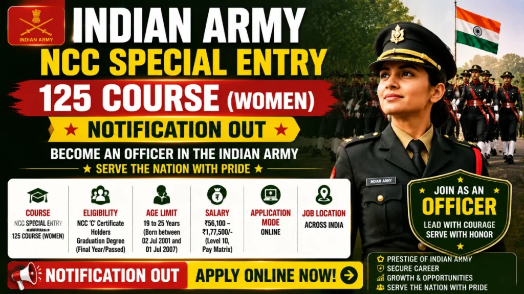 Indian Army NCC Special Entry 125 Course (Women) Notification Out: Eligibility, Salary, Apply Online get freejobalert » Sarkari Officer Indian Army NCC Special Entry 125 Course (Women) Notification Out: Eligibility, Salary, Apply Online get freejobalert